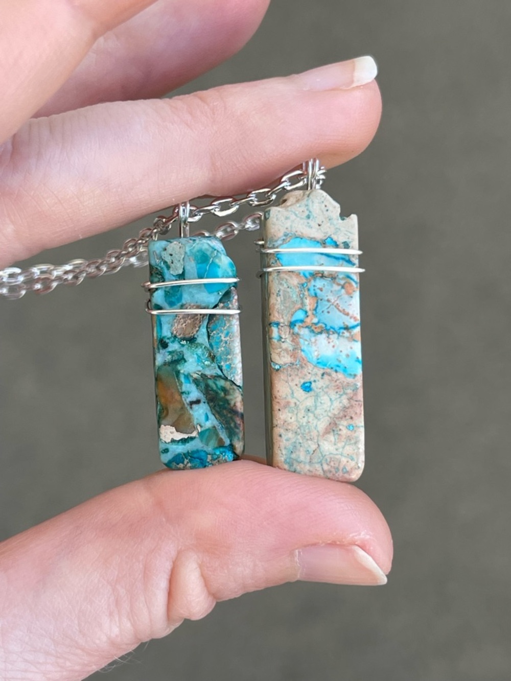Handmade Double Bar Blue Painted Stone Necklace Silver Tone Chain